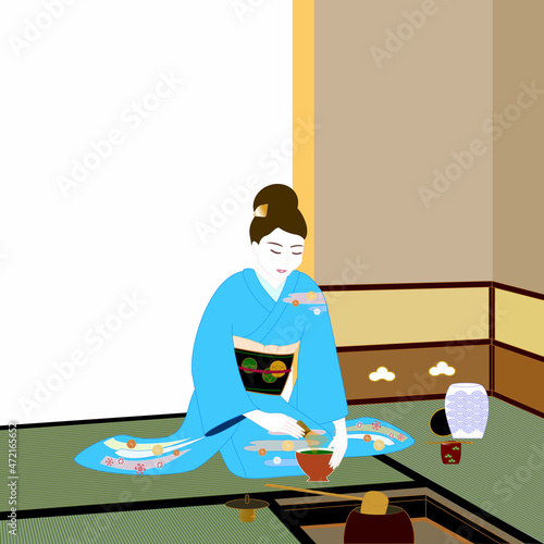 茶道お手前、着物、 イラスト