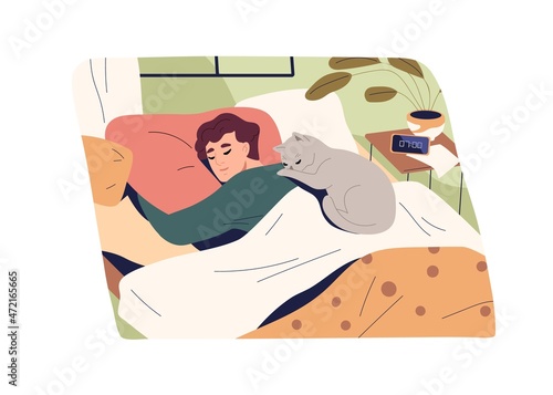Morning sleep of man with cute cat asleep and lying on him. Person sleeping in bed with kitty. Male dreaming on pillow under blanket in bedroom. Flat vector illustration of guy and pet relaxing