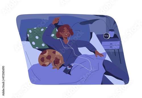 Night sleep of woman in earphones listening to music in bed. Person fall asleep with smartphone. Female sleeping with cat in bedroom. Human and kitty relaxing together. Flat vector illustration