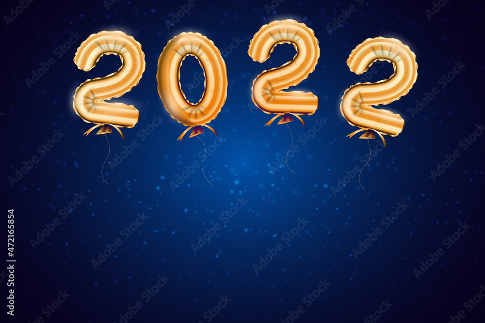 Happy New 2022 Year. Holiday illustration of golden balloon numbers 2022 and sparkling glitters pattern. Realistic 3d sign. Festive poster or banner design