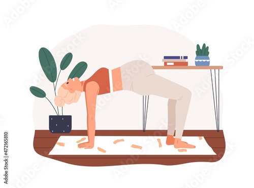 Pregnant woman doing prenatal yoga gymnastics at home. Mom with belly exercis...