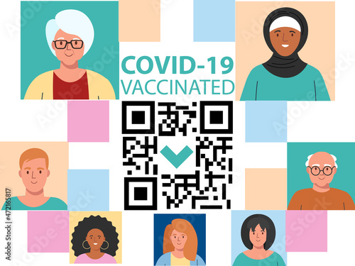 Banner with women, men and old people faces and digital vaccine certificate Covid-19. Qr code test result. Vector illustration in flat style.