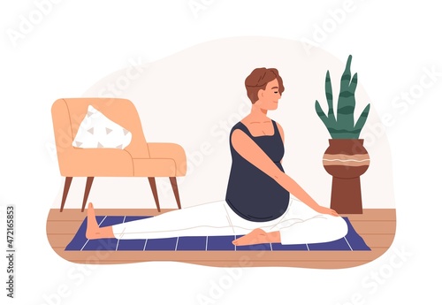 Pregnant woman doing twist exercises. Mother with belly during prenatal yoga workout. Female stretching gymnastics during pregnancy. Flat vector illustration isolated on white background