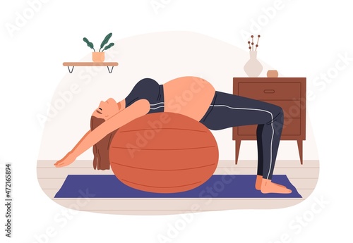 Pregnant woman doing balancing exercise, lying on birthing ball. Female practicing prenatal yoga, stretching her body and belly during pregnancy. Flat vector illustration isolated on white background