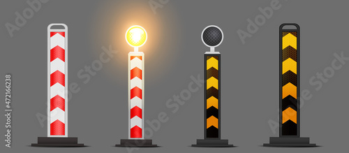 Detour obstacles Barricade safety barrier construction. Roadblock traffic construction. Striped road barricade.