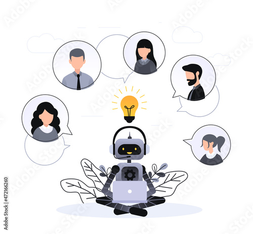 Vector illustration, customer service, chatbot hotline operator advises client, online global technical support 24-7, customer and robot operator. Artificial intelligence consulting people.