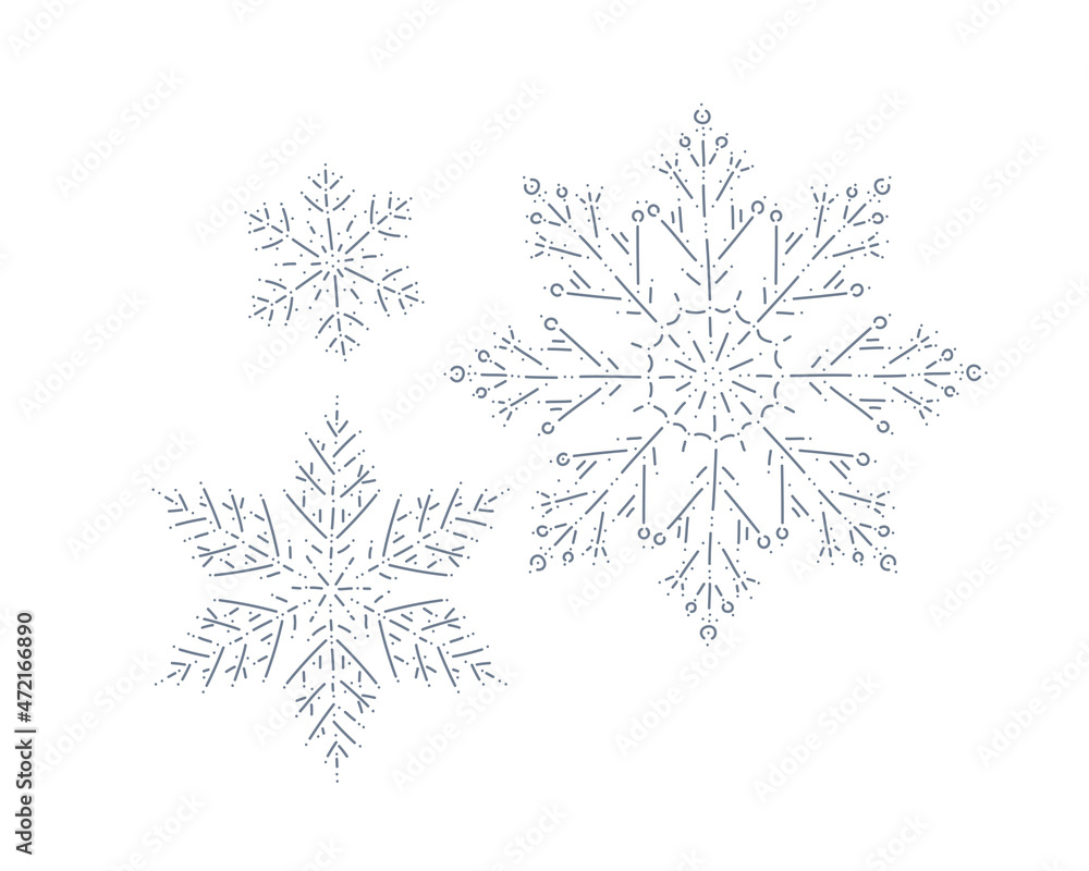 Set of decor snowflakes isolated. Line art, contour drawing. Vector illustration. For ornaments, wallpapers, Christmas holiday decor, packaging design. Set of decor snowflakes isolated. Line art, contour drawing. Vector illustration. For ornaments, wallpapers, Christmas holiday decor, packaging design.