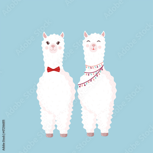 Festive couple of lamas in love on a blue background. Vector illustration for valentines day, holiday, texture, textile, fabric, poster, card, decor. Character design. Romantic couple of alpacas.