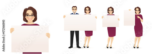 Elegant mature business woman holding empty blank board herself and together with man isolated vector illustration