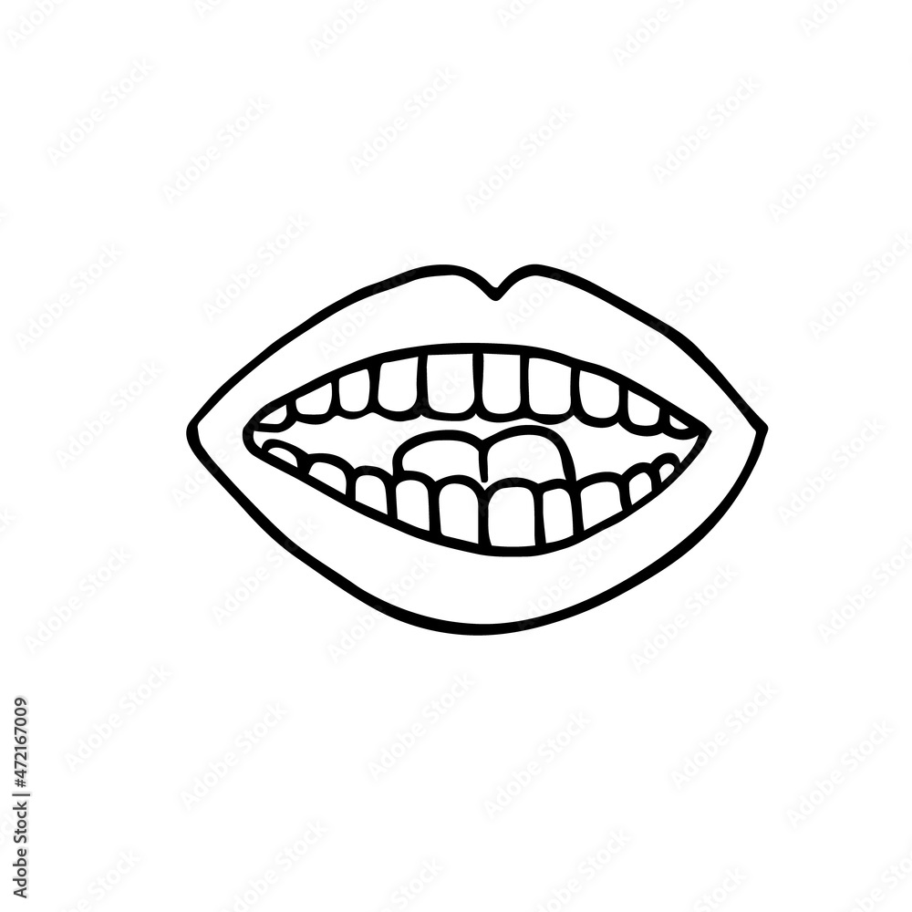 Smile. Lips, teeth and tongue. Smiling hand-drawn doodle isolate. Black and white vector illustration. Smile. Lips, teeth and tongue. Smiling hand-drawn doodle isolate. Black and white vector illustration.