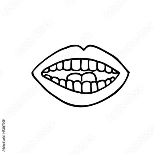 Smile. Lips, teeth and tongue. Smiling hand-drawn doodle isolate. Black and white vector illustration.