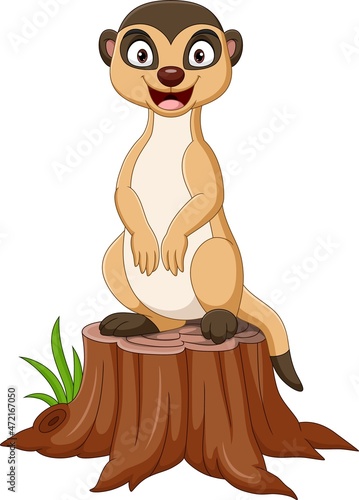 Cartoon meerkat standing on tree stump