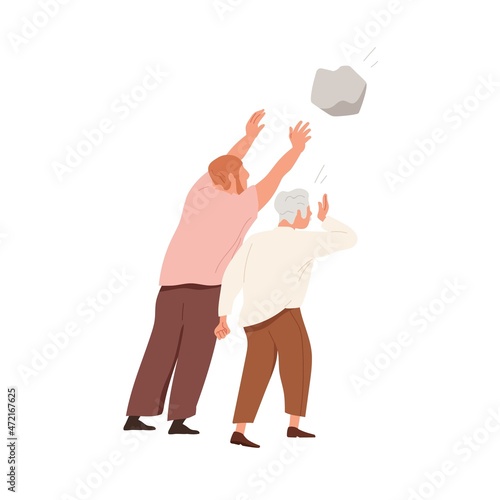 Men throwing big stone. Aggressive people bullies casting rock, attacking and doing evil. Violence, offense, aggression and sin concept. Flat vector illustration isolated on white background