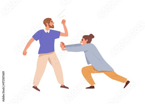 Woman trying to stop aggression and abuse of man. Brave resistant female defending and protecting against angry aggressive person and violence. Flat vector illustration isolated on white background