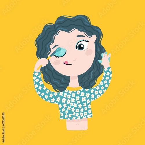 Cute little girl plays makes makeup. Fashionable character in a simple hand-drawn style on a yellow background. Vector illustration in a colorful palette, ideal for printing baby cards.