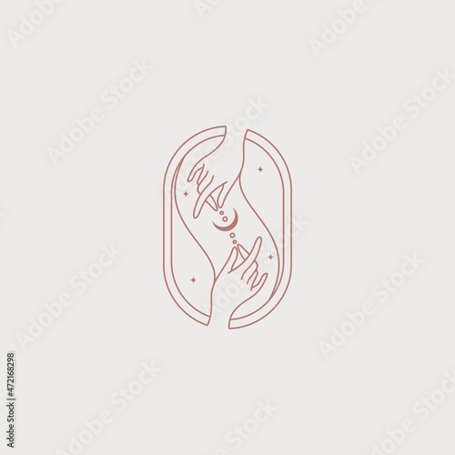 Vector esoteric linear illustration. Delicate illustration with female hands. Emblem for jewelry, astrology, esotericism, magic. Illustration with stars and the moon. Jewelry making illustration.