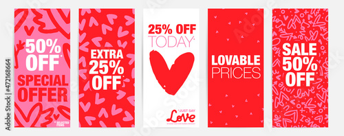 Valentines day sale flyer set with vector heart graphic, red and pink background.