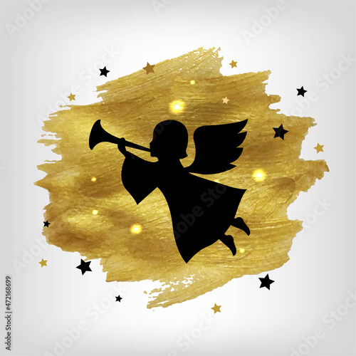 New Year Winter Poster With Golden Paint And Angel With Gradient Mesh, Vector Illustration