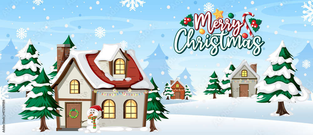 Merry Christmas banner with winter house background