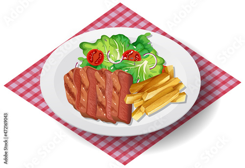 Healthy breakfast with steak and french fried and salad