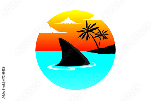 Shark silhouette at sunset. Natural view at sunset with shark fin. Cartoon shark vector illustration

