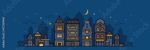 Vector illustration of night city street on dark blue color sky background with shine window and cloud. Line art style design of night panorama of european city with moon and star