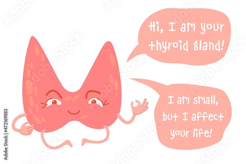 Healthy thyroid gland, friendly cute cartoon character. Endocrine system organ. Medical vector illustration
