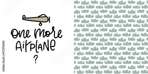 One more airplane phrase for feeder main print and coordinating design for backside. Cute air transportation vector graphic and cloud seamless pattern set for baby bib in scandi style. 