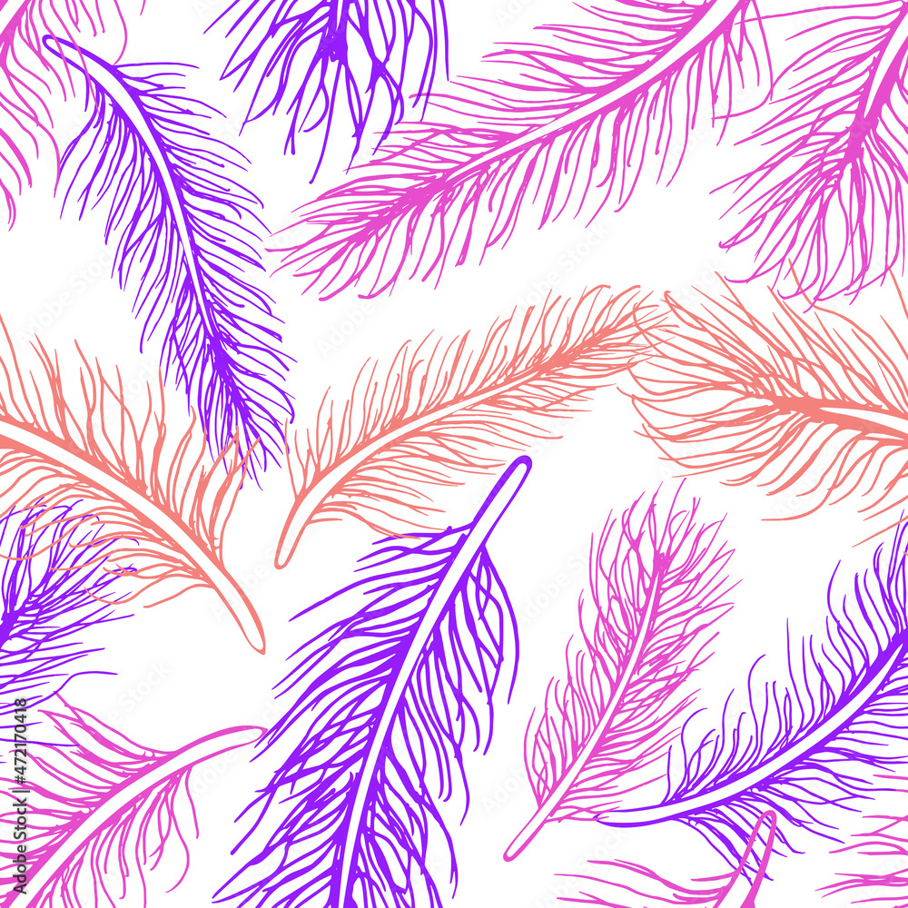 Seamless pattern with coral, pink and violet feathers on white background. Suitable for textile, fabric, wallpaper, wrapping. Vector illustration. Seamless pattern with coral, pink and violet feathers on white background. Suitable for textile, fabric, wallpaper, wrapping. Vector illustration.