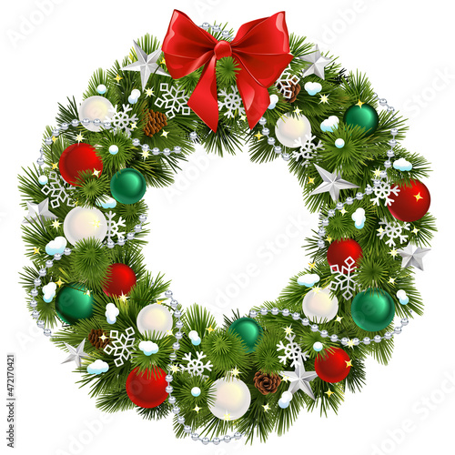 Vector Christmas Pine Fluffy Wreath with Red Bow