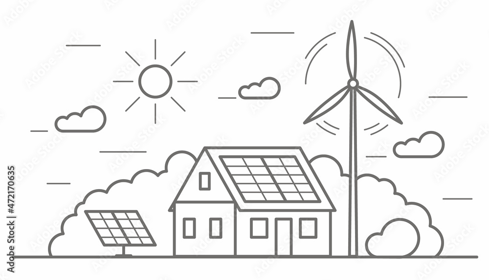 Fototapeta premium Eco friendly modern house. Alternative wind energy station. Solar panels, wind power. Environment concept vector outline illustration.