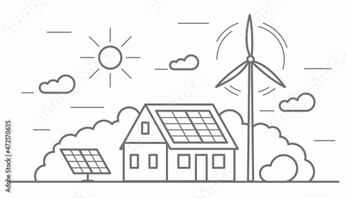 Eco friendly modern house. Alternative wind energy station. Solar panels, wind power. Environment concept vector outline illustration.