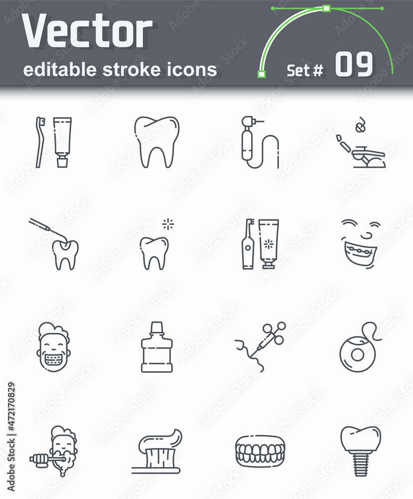 Vector dental care icon set. Editable stroke line icons Vector dental care icon set. Editable stroke line icons