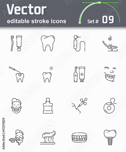 Vector dental care icon set. Editable stroke line icons