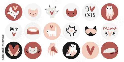 Cat and kitten cartoon character vector clipart set. Pet sitter, meal in a bowl, mouse toy, care and adoption different icon collection.