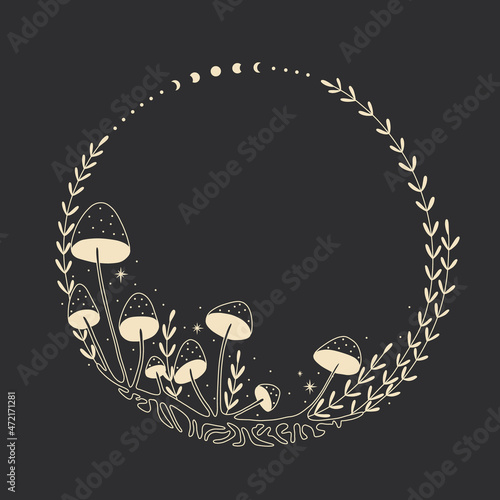 illustration in retro vintage engraving style. human skull and wild forest poisonous mushrooms. ideal for printing on clothing or fabric