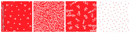 Red and white Valentines day vector seamless pattern set. Heart, love text colorful coordinating designs.