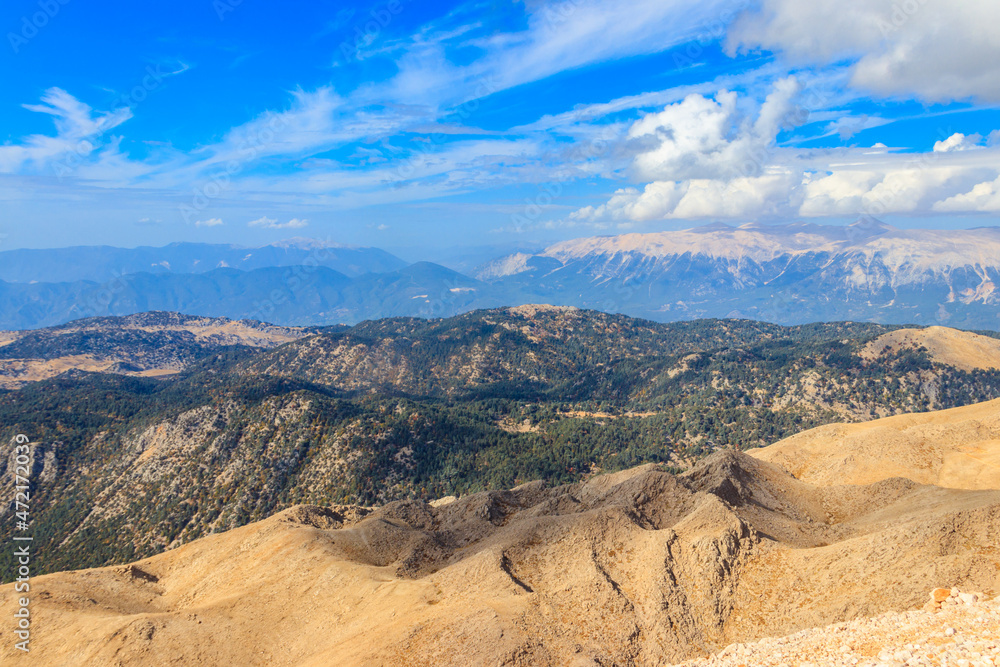 View of the Taurus mountains from a top of Tahtali mountain near Kemer, Antalya Province in Turkey