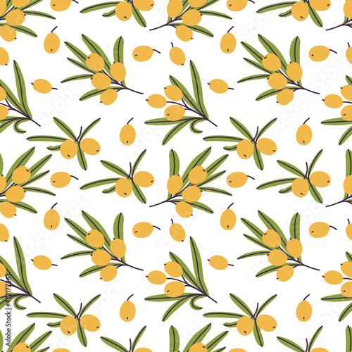 Vector illustration branches of sea buckthorn with berries and leaves. Seamless pattern with yellow berries.