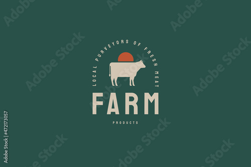 Emblem with a silhouette of a cow. Logo template for butcher shops. The image can be used for sticker design, packaging, restaurant menu, market design. Vector illustration.