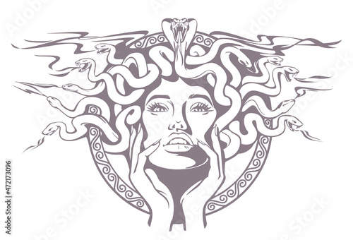 Head of a woman with snakes - Gorgon Medusa tattoo, vector illustration. Tattoo illustration.