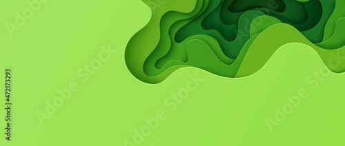 Abstract green background in paper cut style. 3d layout wallpaper cut out from cardboard. Modern template with abstract curve shapes. Vector environmental card with papercut waves for business poster.