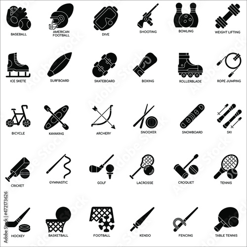Black and white Sports equipment flat vector icon collection set