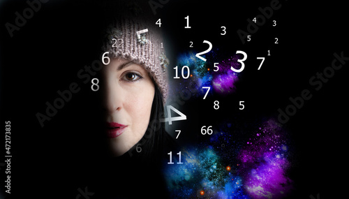 Portrait of a brown-eyed woman on a black background and numbers, numerology

