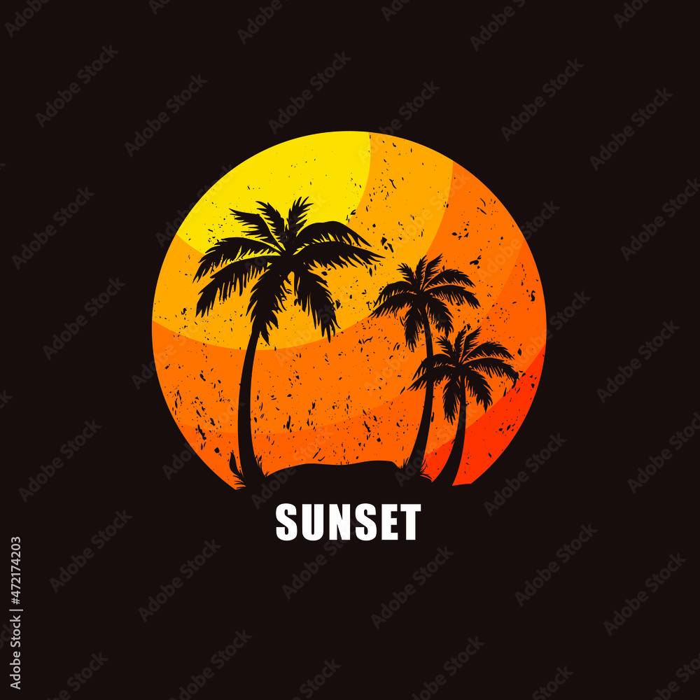 Sunset with palm trees on orange sky flat vector concept design