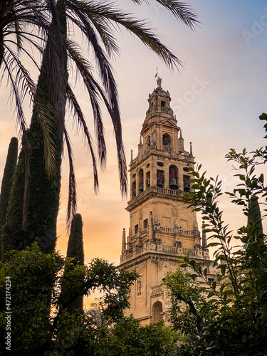 Scenic mezquita bell tower Cordoba, monuments Moorish architecture sunset light photo
