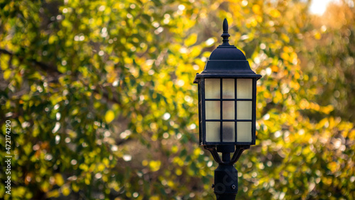 Decorative small lantern between the foliage trees park. Garden decoration light