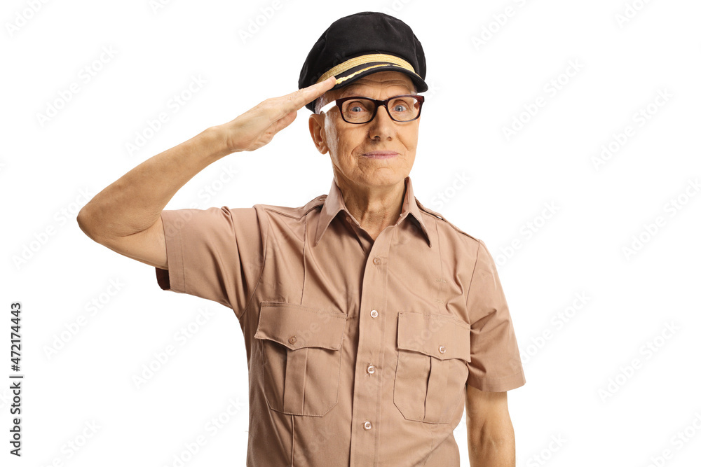 Elderly military officer saluting Elderly military officer saluting