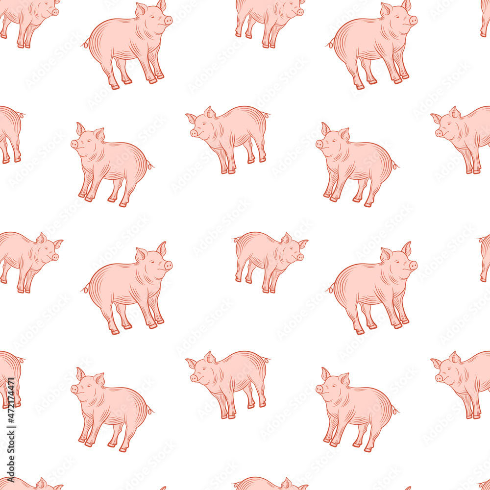  seamless pattern with cute pigs, piglets.