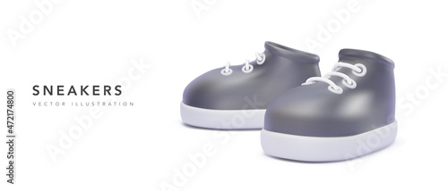Pair of realistic black 3d sneakers with shadow isolated on white background. Vector illustration